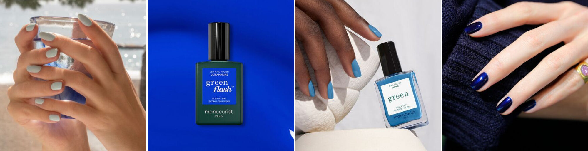 Lifestyle vernis bleus Light Blue, Saphir, Dark Night et flacon Ultramarine