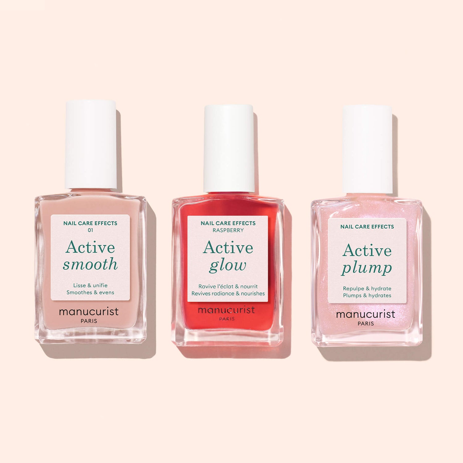 Trois flacons Active soins ongles côte à côte
