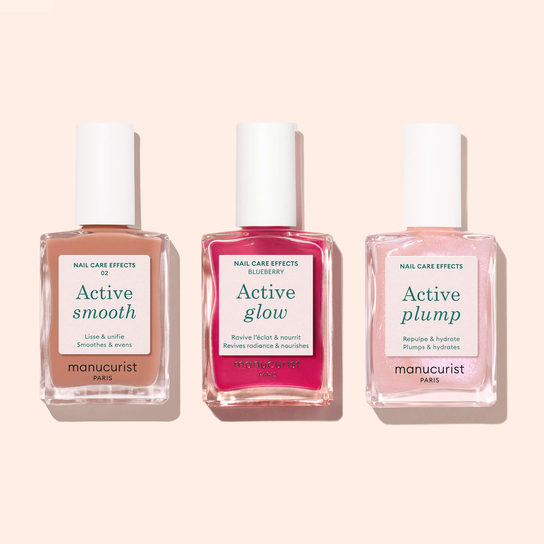 Trois flacons Active soins ongles côte à côte