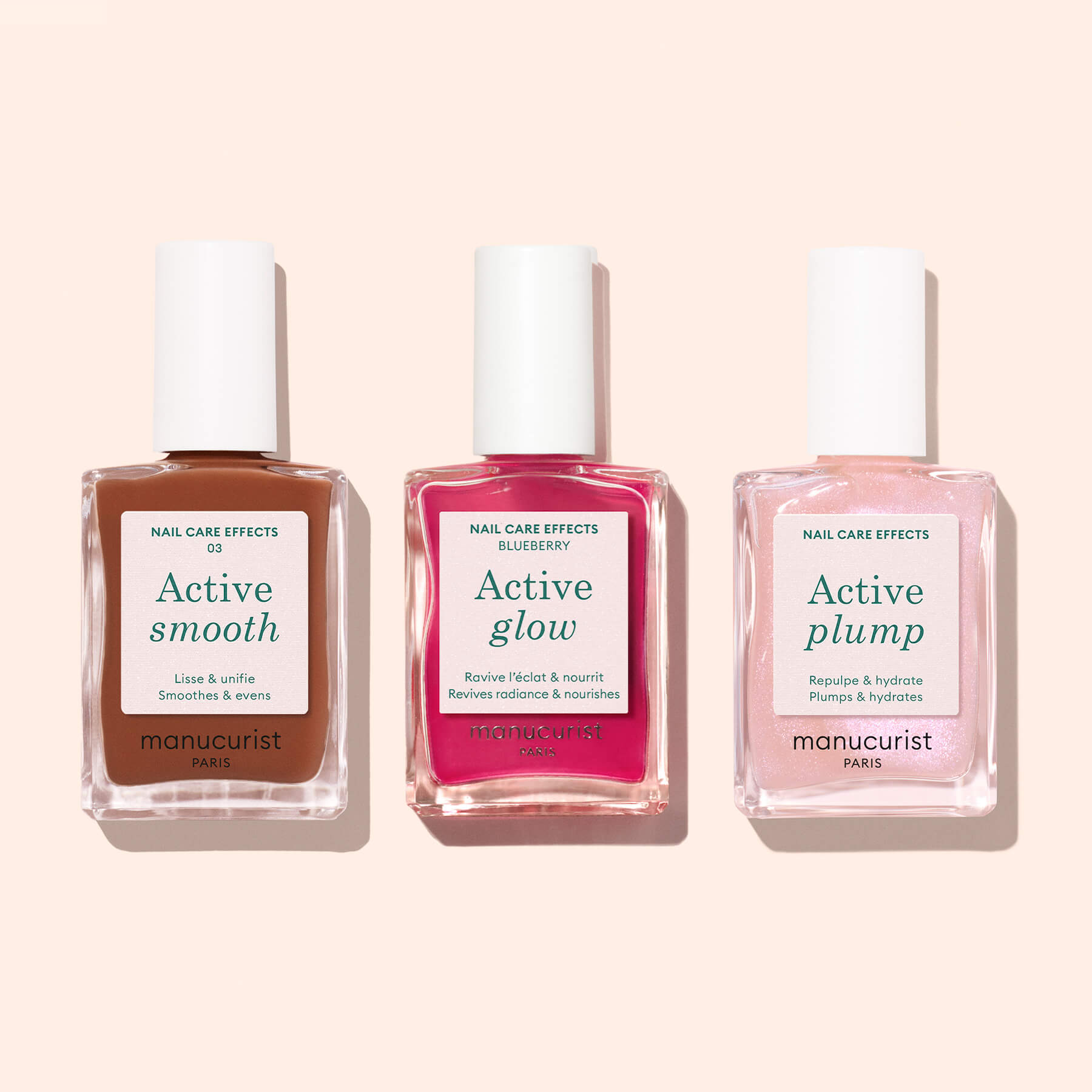 Trois flacons Active soins ongles côte à côte