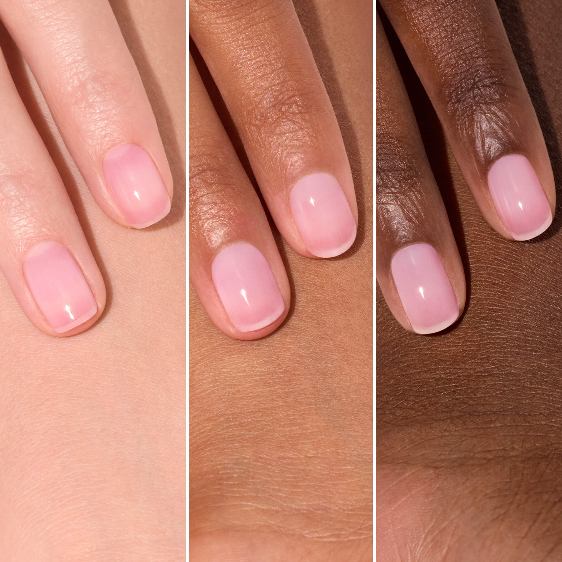 Ongles rose translucide sur trois carnations