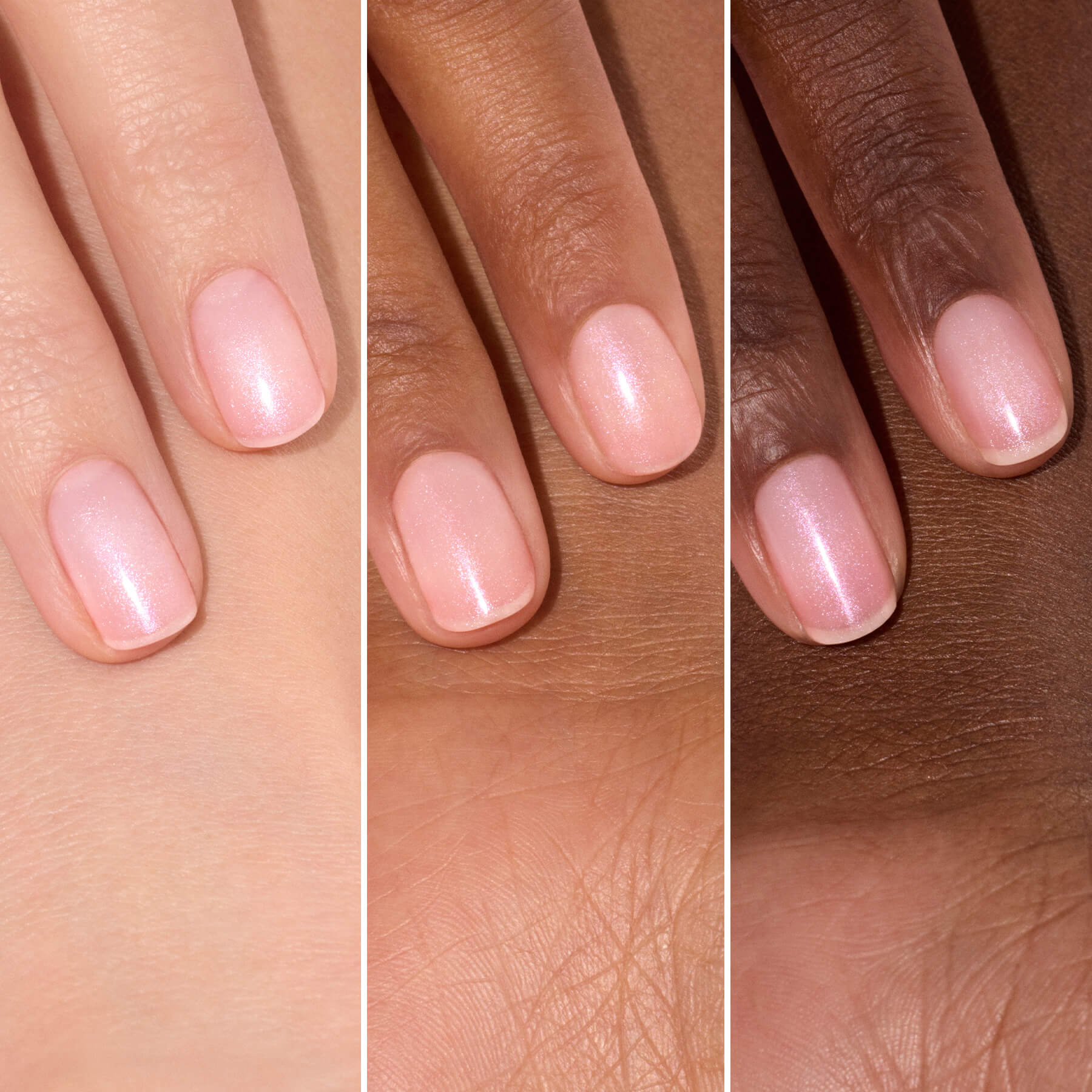 Ongles rose nacré sur trois carnations