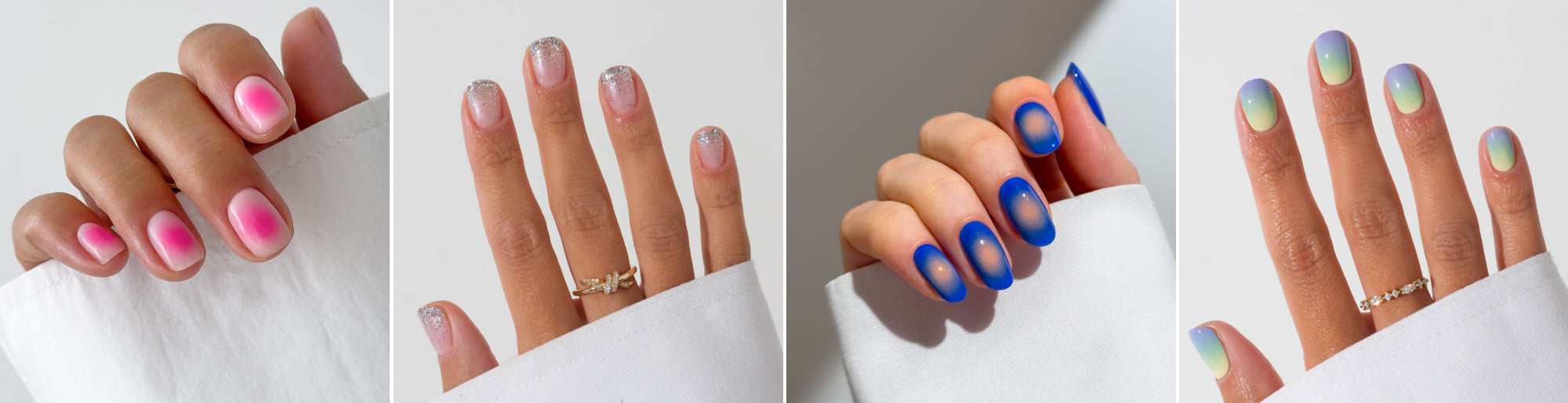 Aura Neon Pink, Baby boomer paillettes argentées et dégradé pastel par monaj, aura Ultramarine et Tangerine par look8thenails