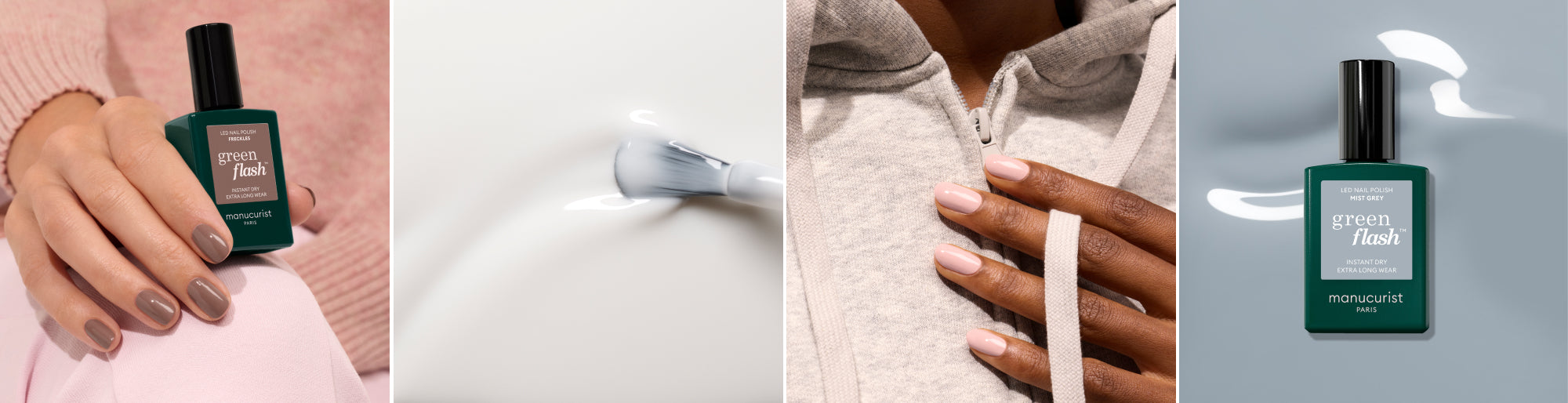 Portés Freckles & Pink Sand, aplat Milky White et packshot sur aplat Green Flash Mist Grey