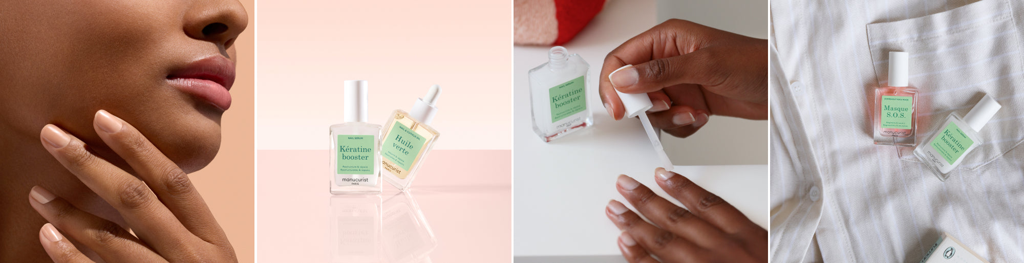 Lifestyle mains nues sur bas de visage, routine Basic Ongles mous, application Kératine Booster, duo Day & Night