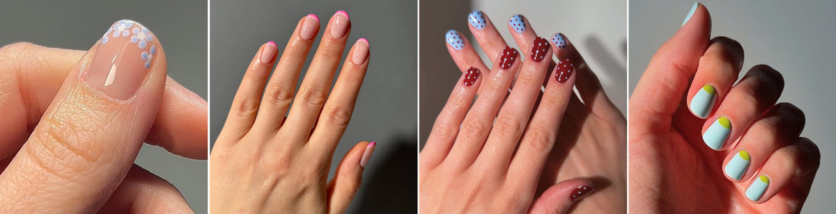 Polka dots Dark Pansy & Light Blue, fleurs Bubble & Snow, half moon Light Blue & Petit pois par shanivynails, Double french rose par irasnailroom