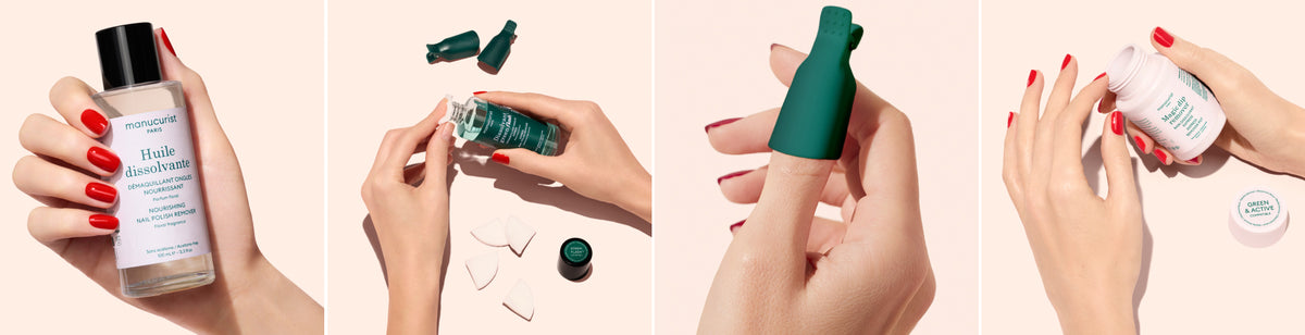 Porté flacon Huile dissolvante, application Dissolvant doux Green Flash, pince de retrait verte, lifestyle Magic Dip Remover