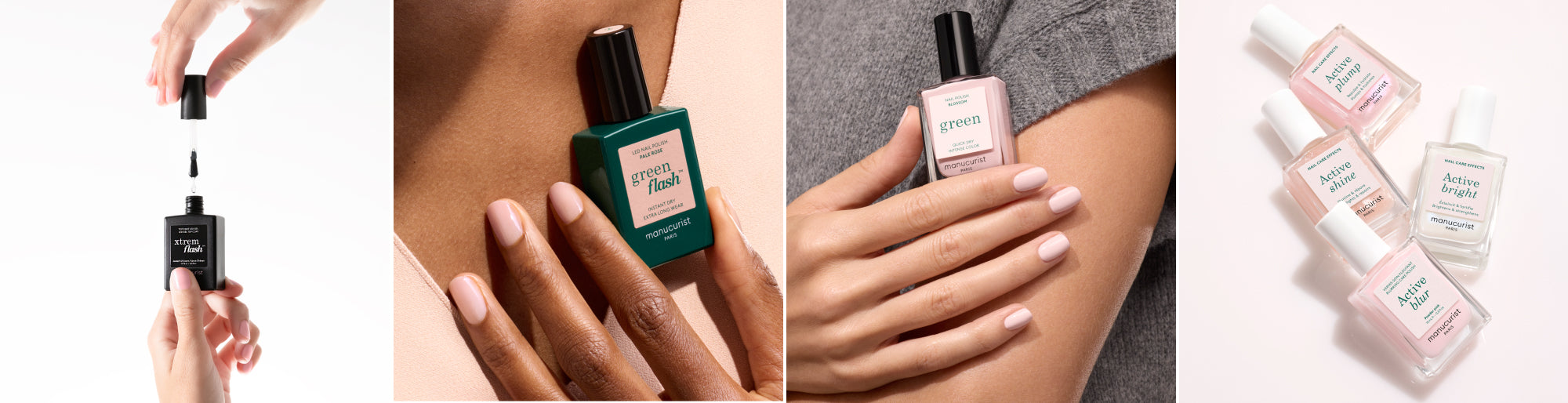  Lifestyle Top coat Xtrem Flash, porté Pale Rose Green Flash, porté Blossom Green, packshot Active Blur, Shine, Bright, Plump