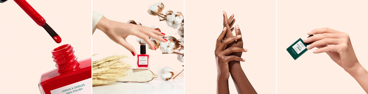 Pinceau vernis Green Poppy Red, lifestyle ingrédients Vernis Green Red coral, mains nues, main avec flacon Green Flash Milky White