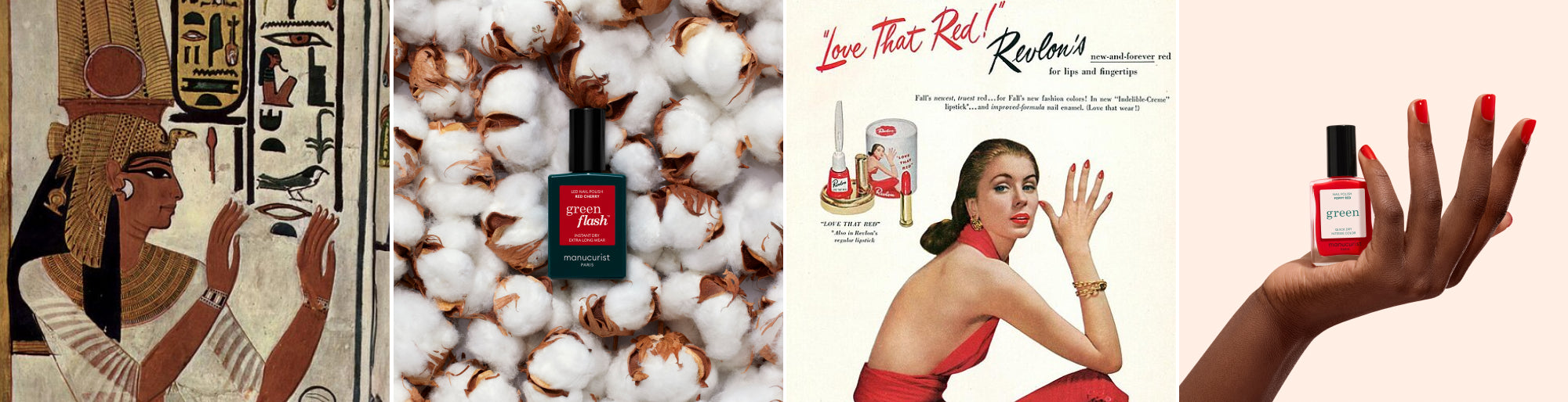 Reine Néfertari, pub Revlon, lifestyle ingrédient vernis Green Flash, lifestyle porté vernis Green Poppy Red