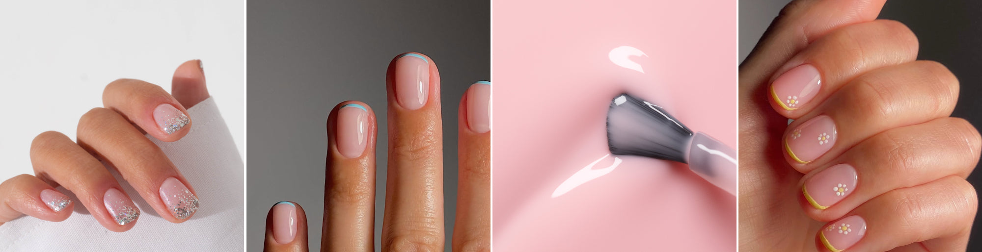 Nail art dégradé pailleté par @m.o.n.a.j, nails arts mini french Bubble & mini french Pistachio et petites fleurs par @matejanova, aplat Hortencia