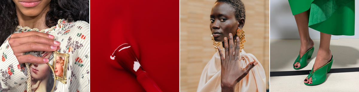 Aura nails défilé Acne Studios, aplat Red Cherry, porté Milky Peach pour défilé Zimmermann, pédicure Hollyhock défilé Givenchy