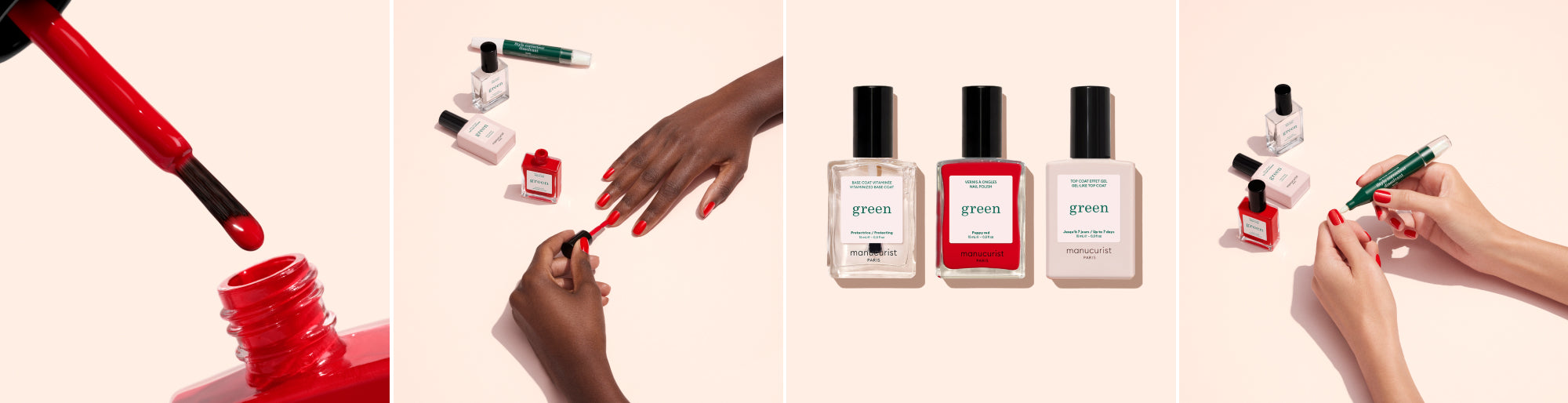 Lifestyle pose vernis Green, gros plan sur pinceau vernis Poppy Red, packshot système Green