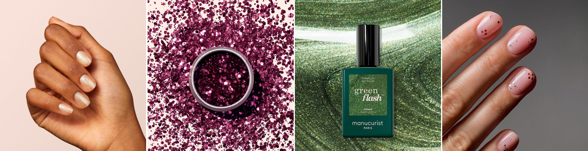 Porté Gold, paillettes Bordeaux, packshot sur aplat Green Flash Groove, nail art pailleté par matejanova