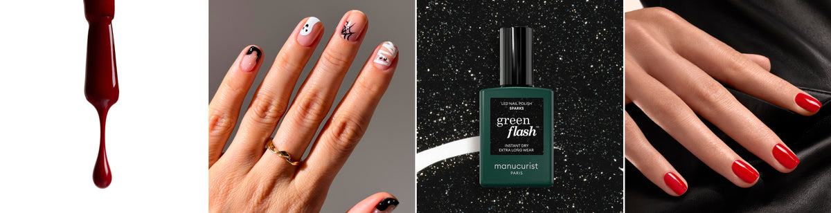 Goutte vernis Dark Pansy, nail art Halloween par mani.minimalist, packshot sur aplat Green Flash Sparks, porté Anémone