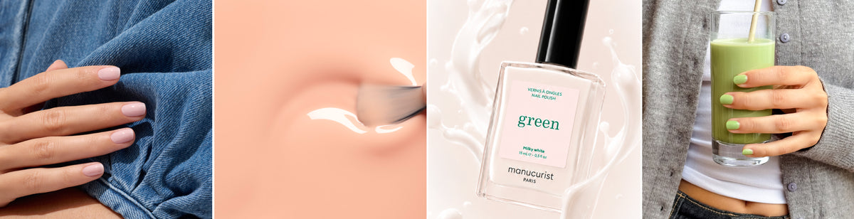 Porté lifestyle Milky Pink, Milky Matcha, aplat Milky Peach, effet 3D packshot Green Milky White