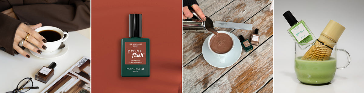 Lifestyle porté Clove et Orme, packshot Green Flash Brique sur aplat, lifestyle Green Milky Matcha