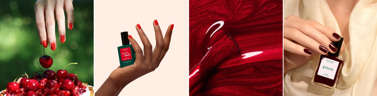 Lifestyle cerise Red Coral, Porté Green Flash Poppy Red, aplat Red hibiscus, Lifestyle Green Grenat