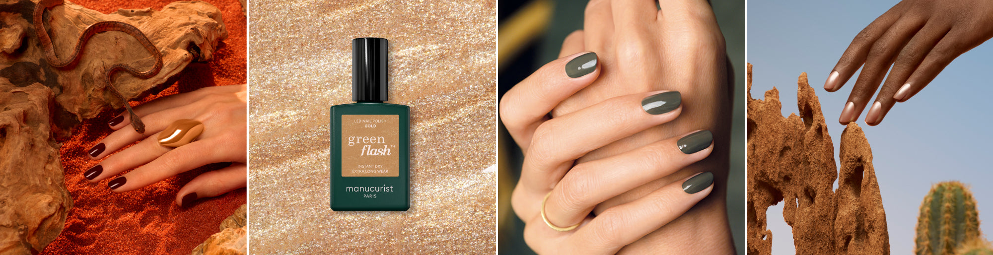 Lifestyle porté Grenat & Sandstone, packshot Green Flash Gold sur aplat, porté Khaki
