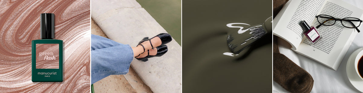  Packshot sur aplat Sandstone, Lifestyle Quai de Seine, aplat Khaki, Lifestyle Green Prune