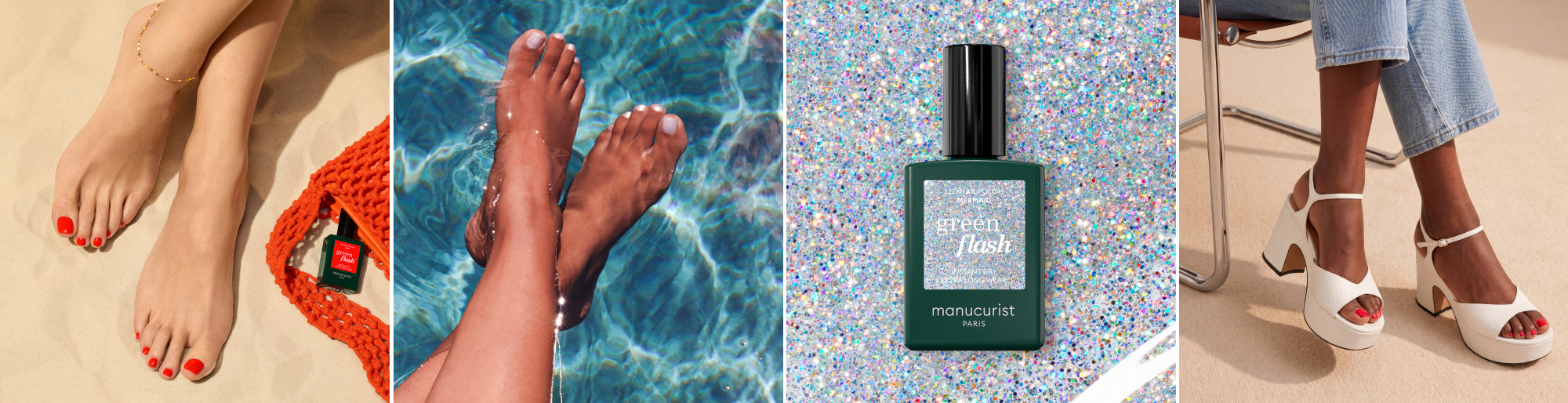  Lifestyle pédicure Lava & Solar, packshot sur aplat Green Flash Mermaid, Lifestyle pédicure Neon Pink