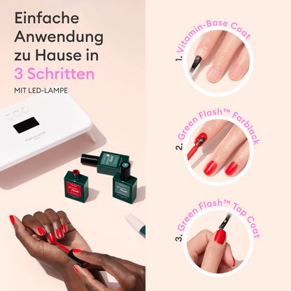 3er-Set Green Flash Base Coat Top Coat Sanfter Nagellackentferner